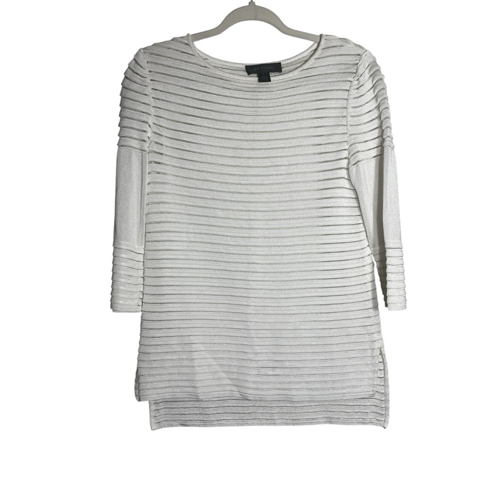 St. John Ivory Cream Old Money Shiny Knit Sheer Striped Top SZ P